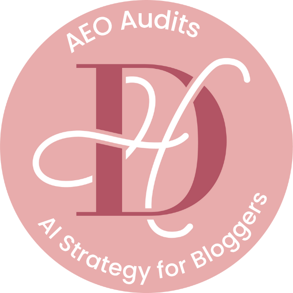 pink circle logo with D and H initials and AEO audits written on it