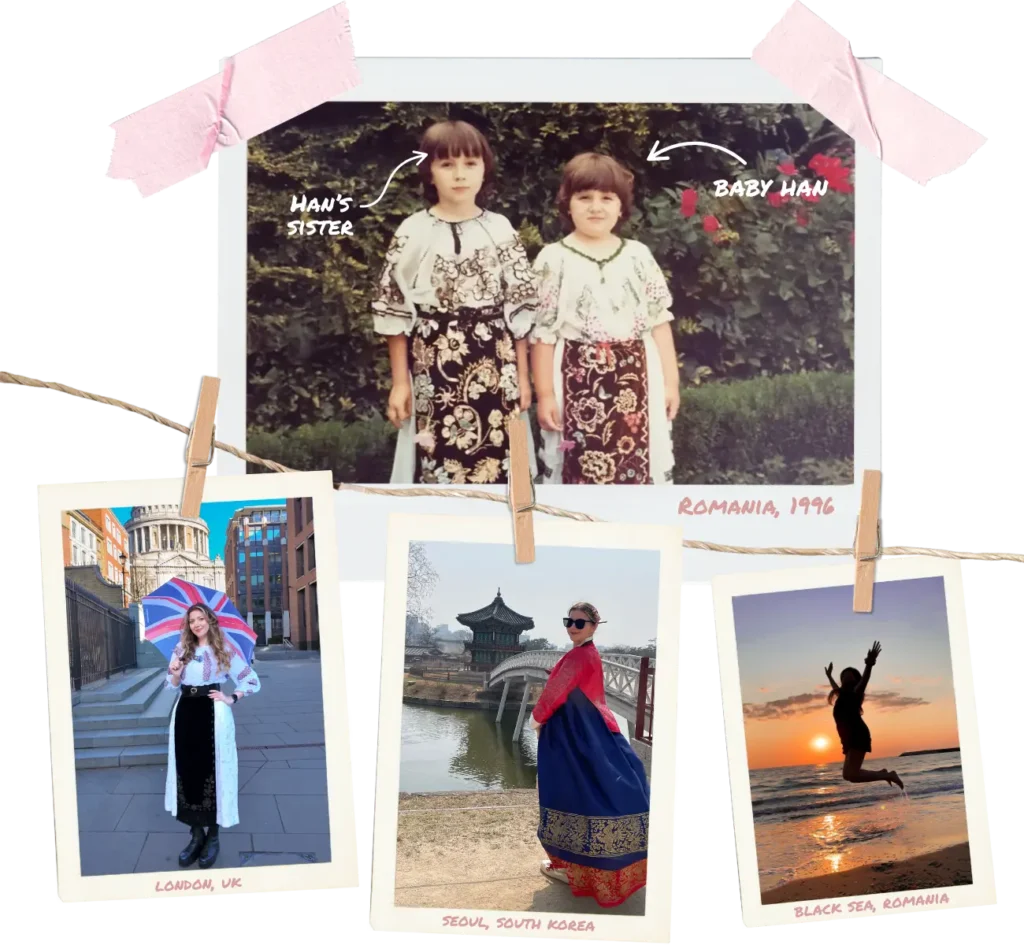 Collage of childhood and travel photos of woman in Romania, London, and Seoul