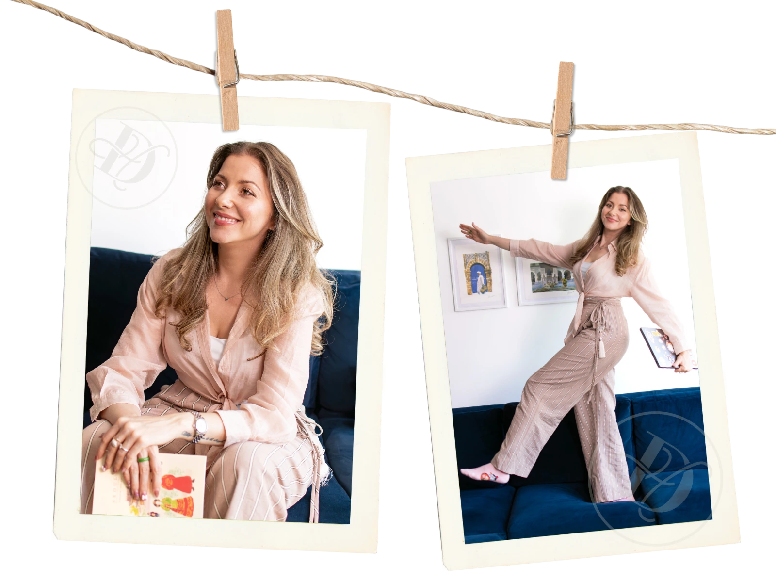 twine rope with two polaroids of woman wearing pink blouse