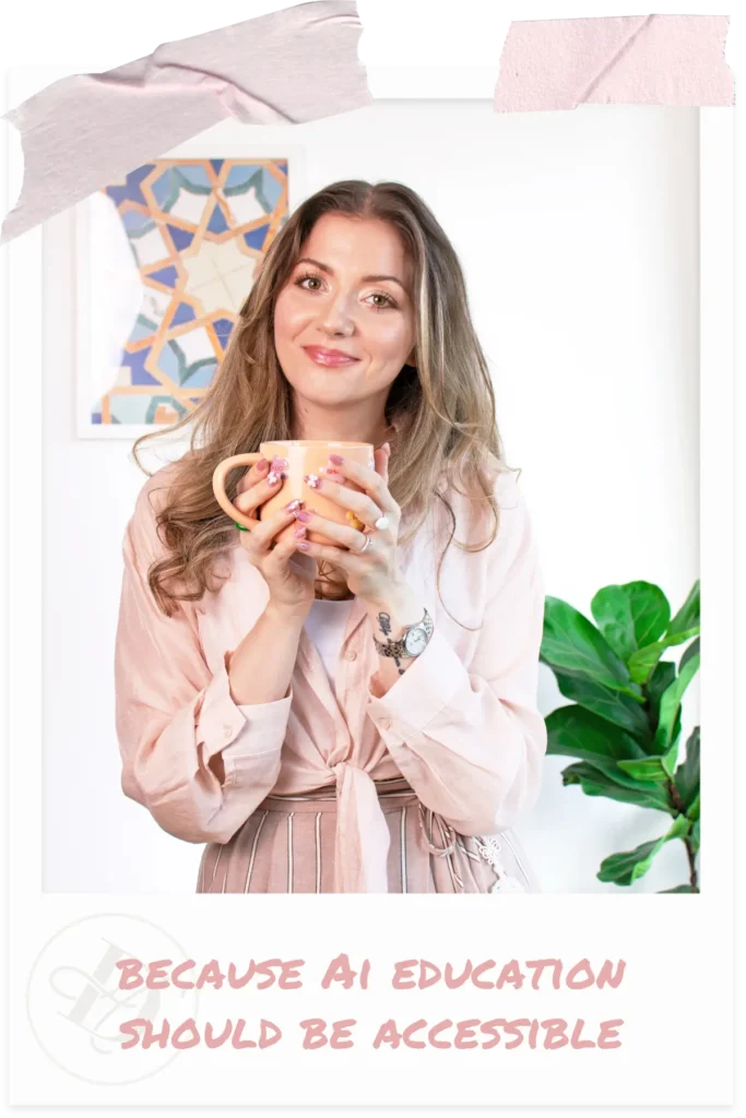 Blonde woman wearing pink holding mug and smiling