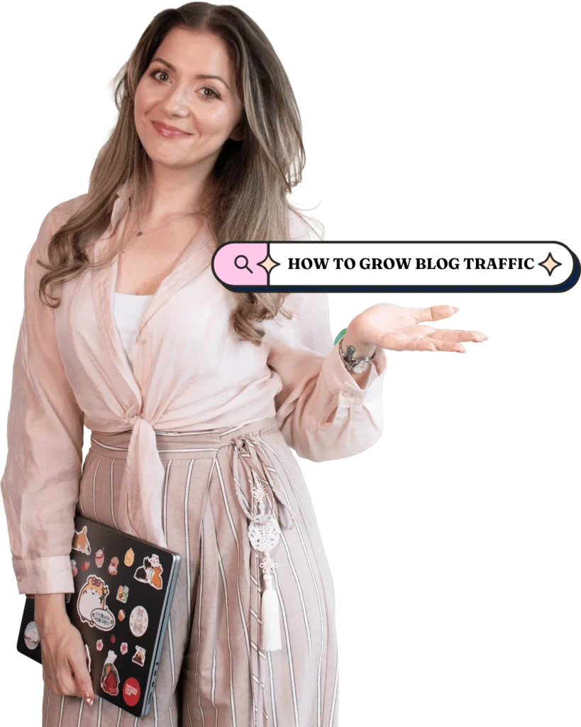 blonde woman wearing pink shirt holding laptop and search bar