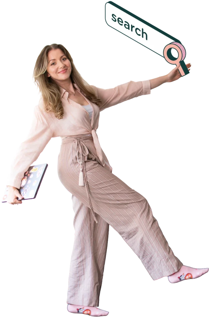 blonde woman with leg lifted holding search bar